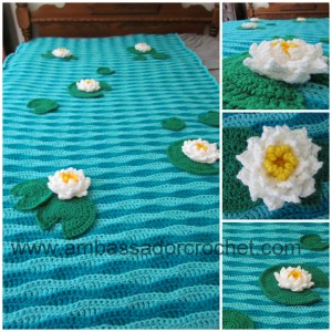 crocheted frog pond, lily pads, water lily
