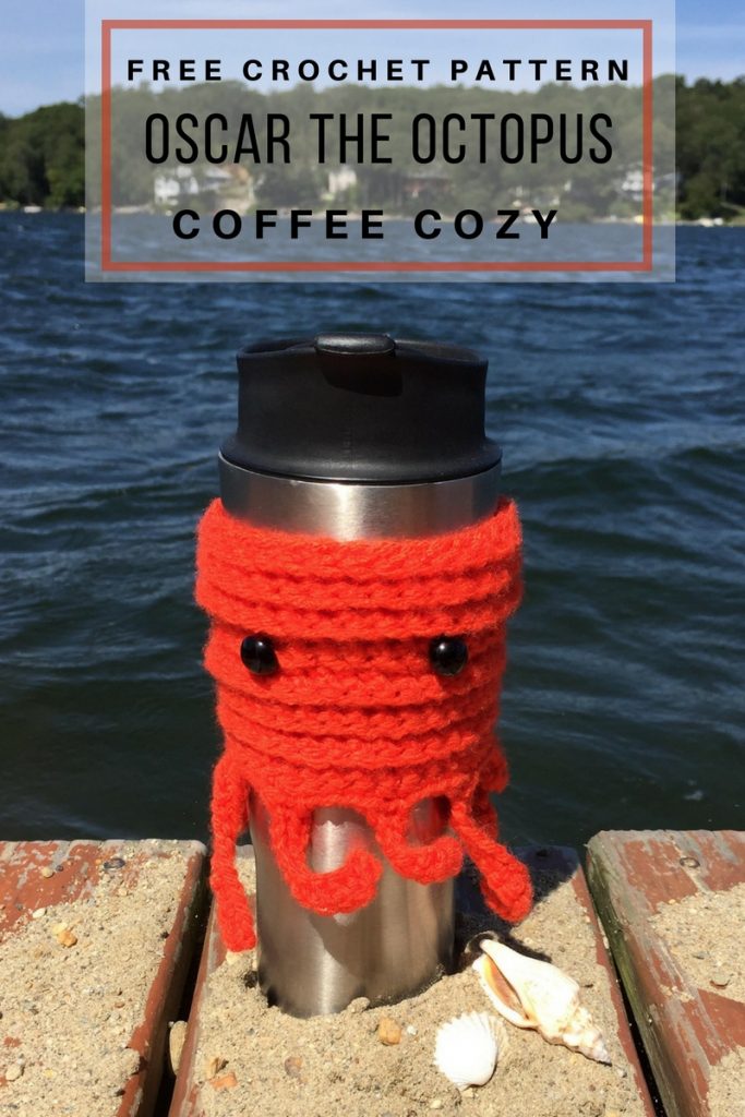 Oscar the Octopus coffee cozy - free crochet pattern to keep your coffee warm. #coffeecozy #crochetpattern