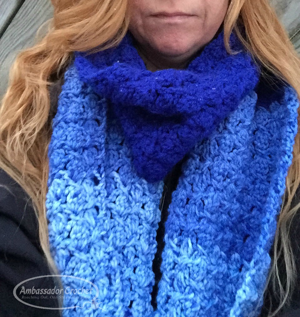 The Wedgwood Scarf is a free crochet pattern. Quick to learn with only a 2 row repeat. Pattern by Ambassador Crochet.