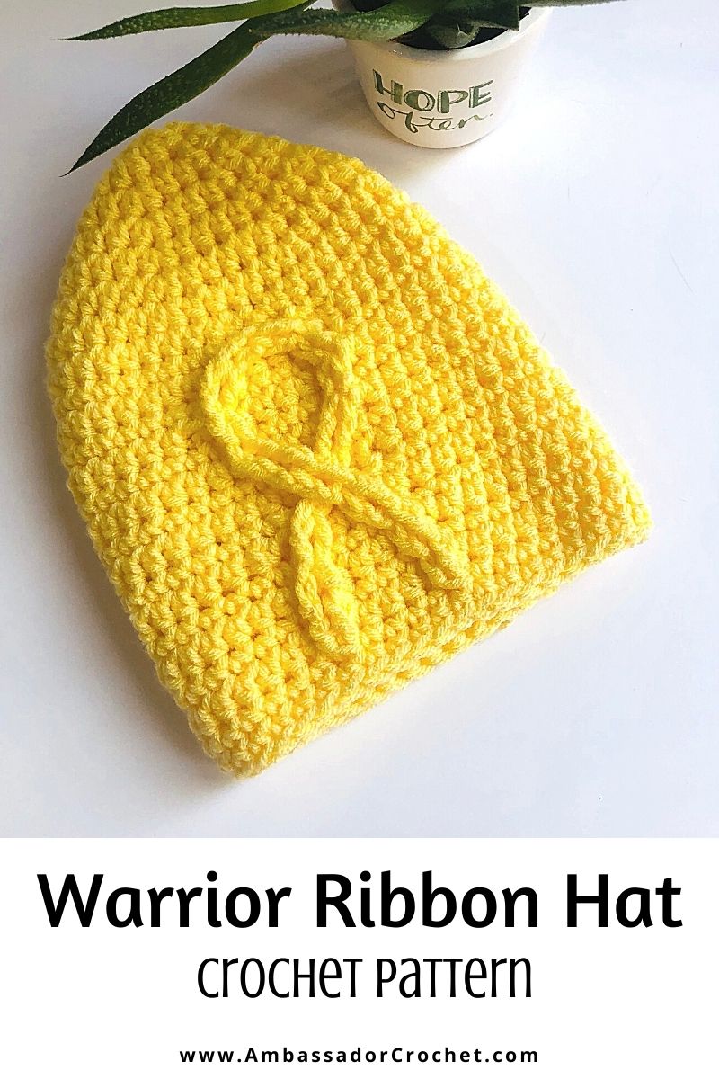 Yellow hat with cancer ribbon - crochet pattern for cancer patients