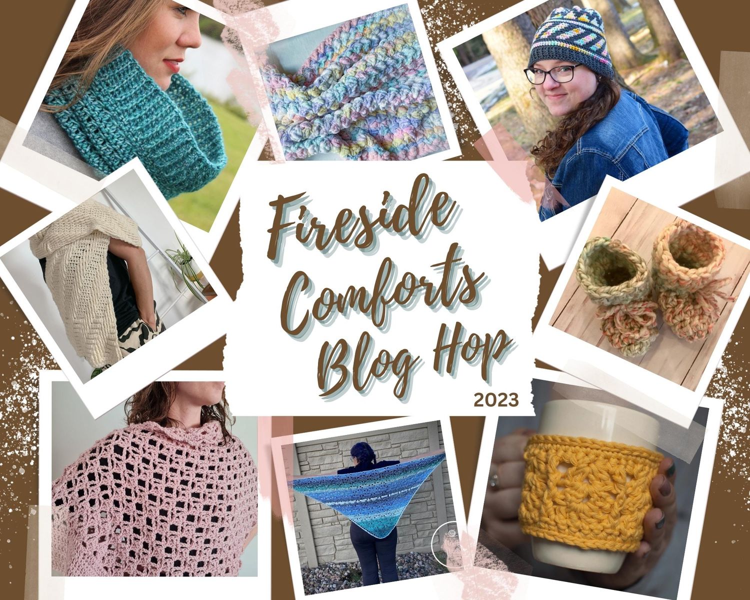 collage of cozy crochet patterns that can be made to use by the fireplace 