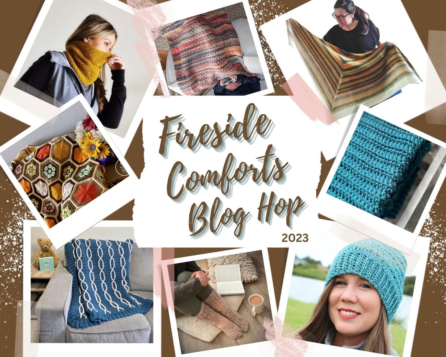 collage of crochet patterns that are good for using fireside