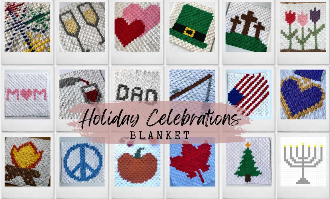 12 different blanket squares that are crocheted each one represents a different holiday or month 